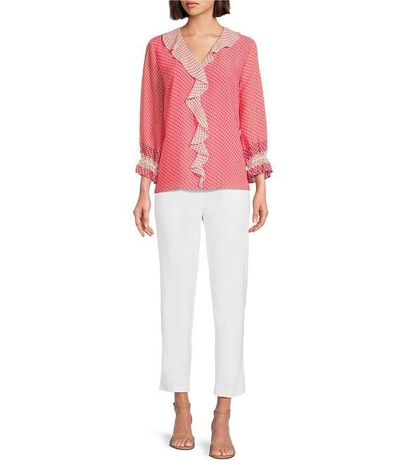 Investments Riley Woven Strawberry Pink Dash Border Cascading Ruffle V-Neck 3/4 Sleeve Top Product Image