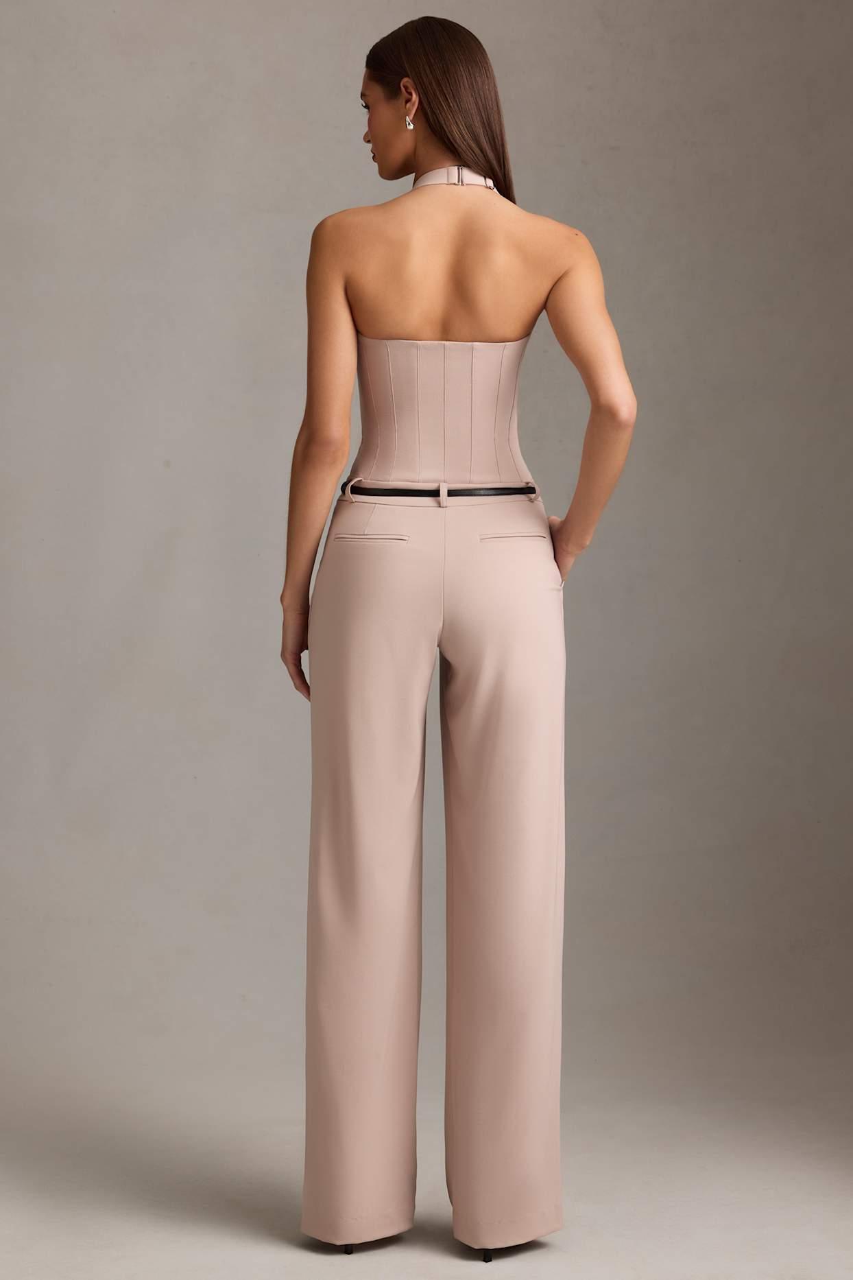 Corset-Detail Halterneck Jumpsuit in Mushroom Product Image