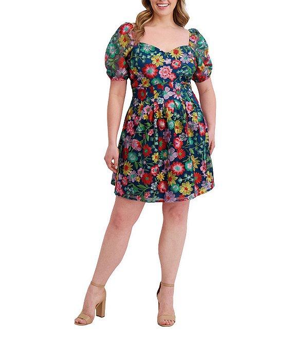 Kensie Plus Size Floral Embriodered Mesh Square Neck Short Puff Sleeve A-Line Dress Product Image