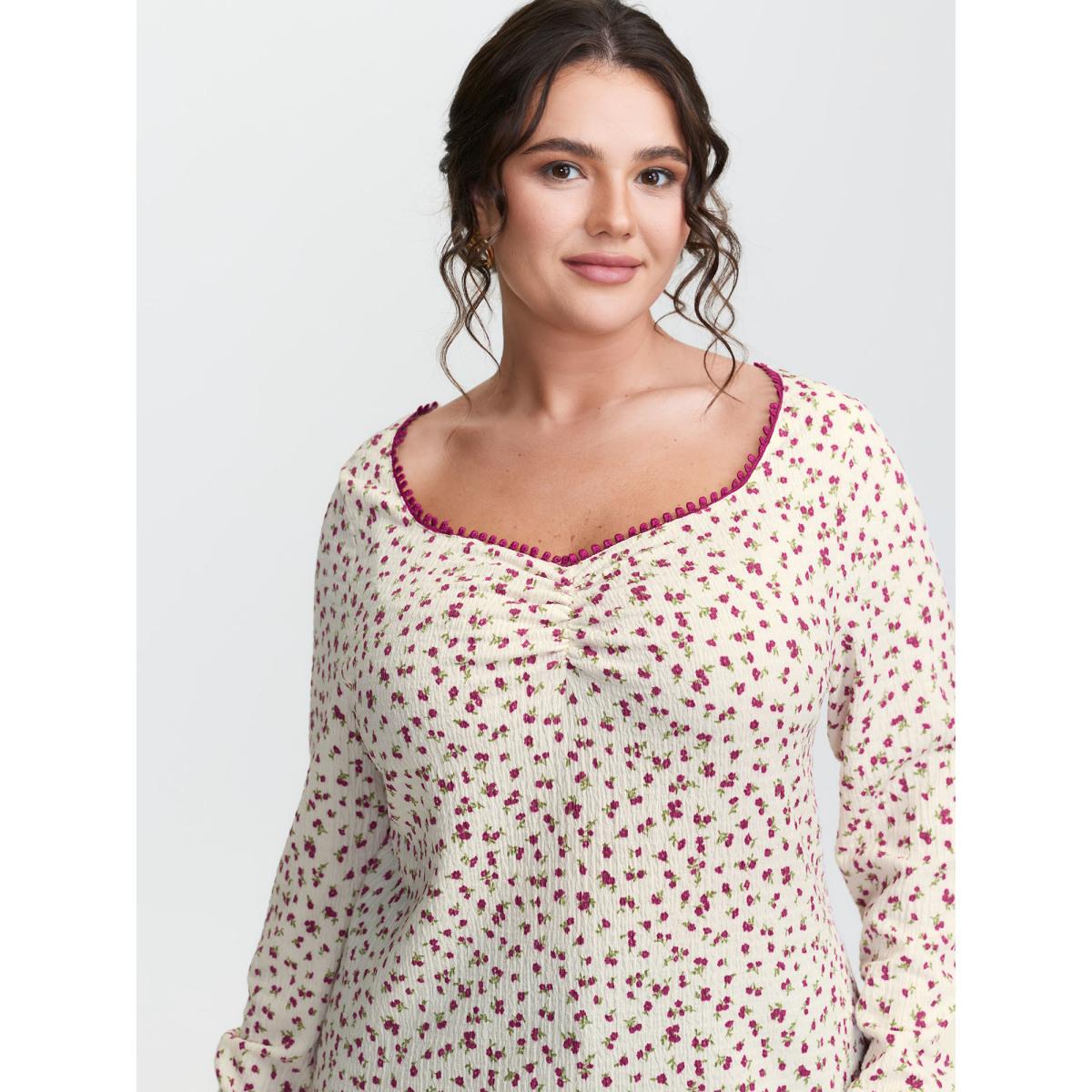 Plus Size Cherry Print Pleated Stretchy T-Shirt Ivory Women Timeless Woven ribbon&lace trim Square Neck Elegant T-shirts BloomChic 18-20/2X Product Image