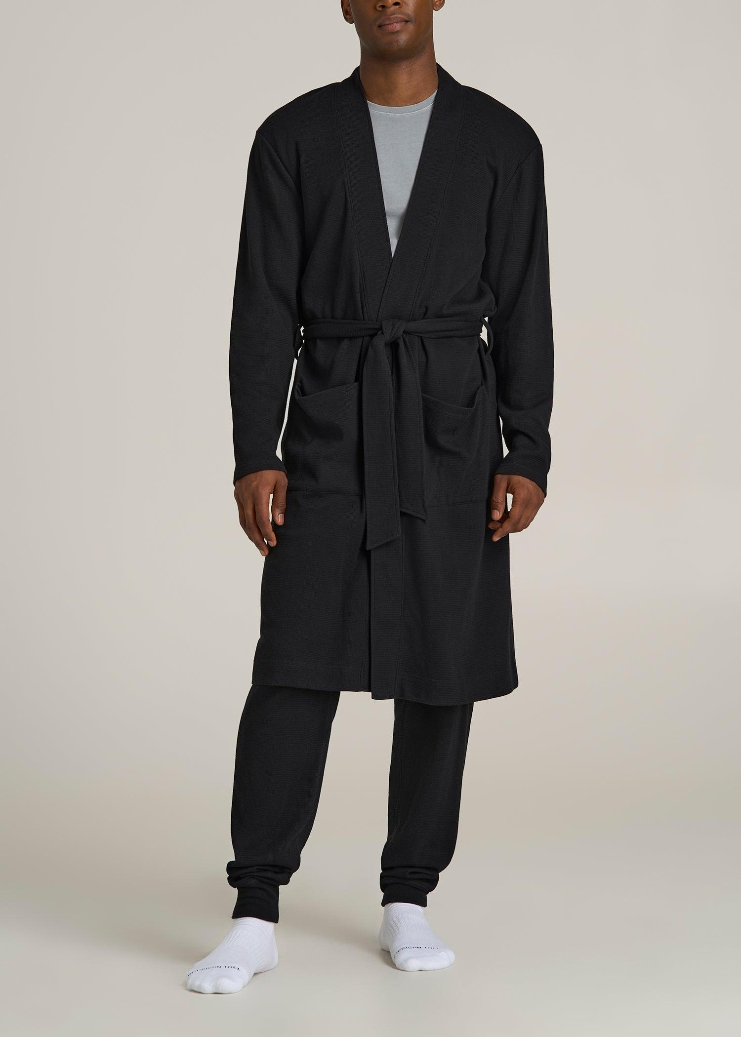 Waffle-Knit Lounge Robe for Tall Men in Black Male Product Image