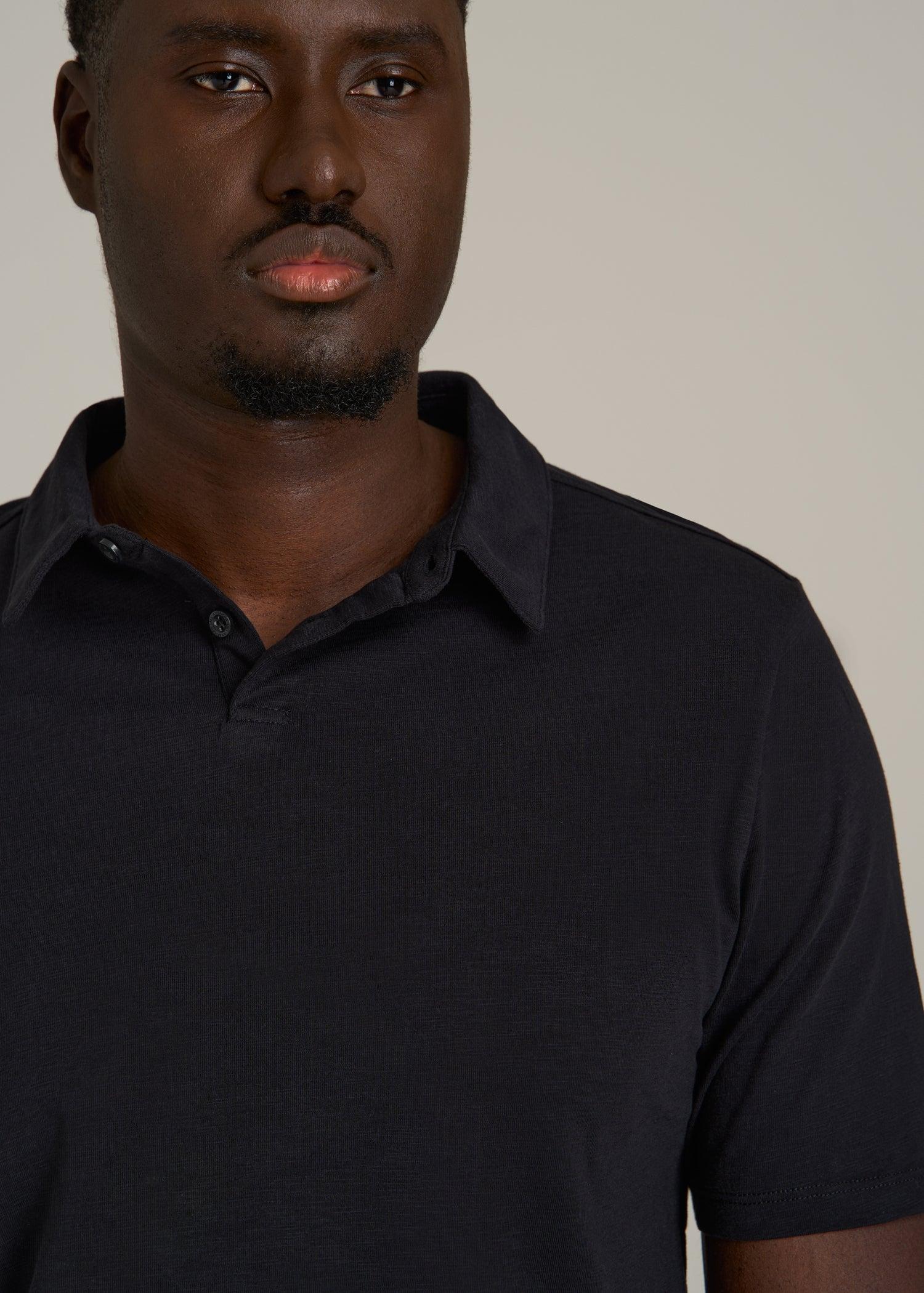 Slub Self Collar Polo Shirt for Tall Men in Black Male Product Image