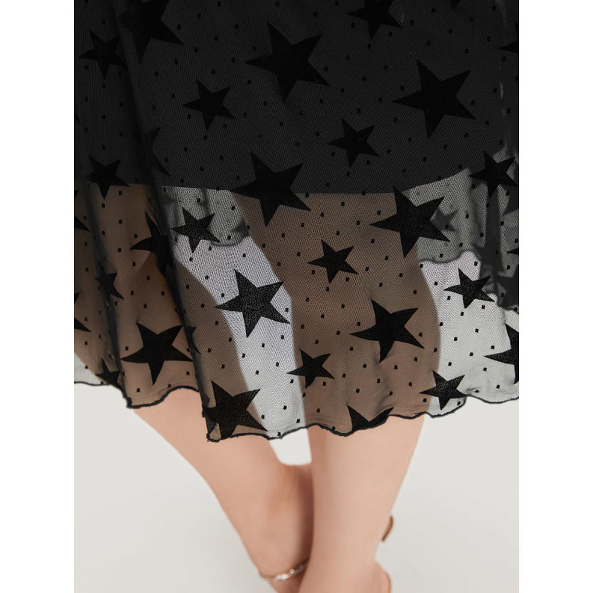 Plus Size Star Graphic Mesh Elastic Waist Midi Dress Black Women Glamour See through Round Neck Short sleeve Curvy Midi Dress BloomChic 28/5X Product Image