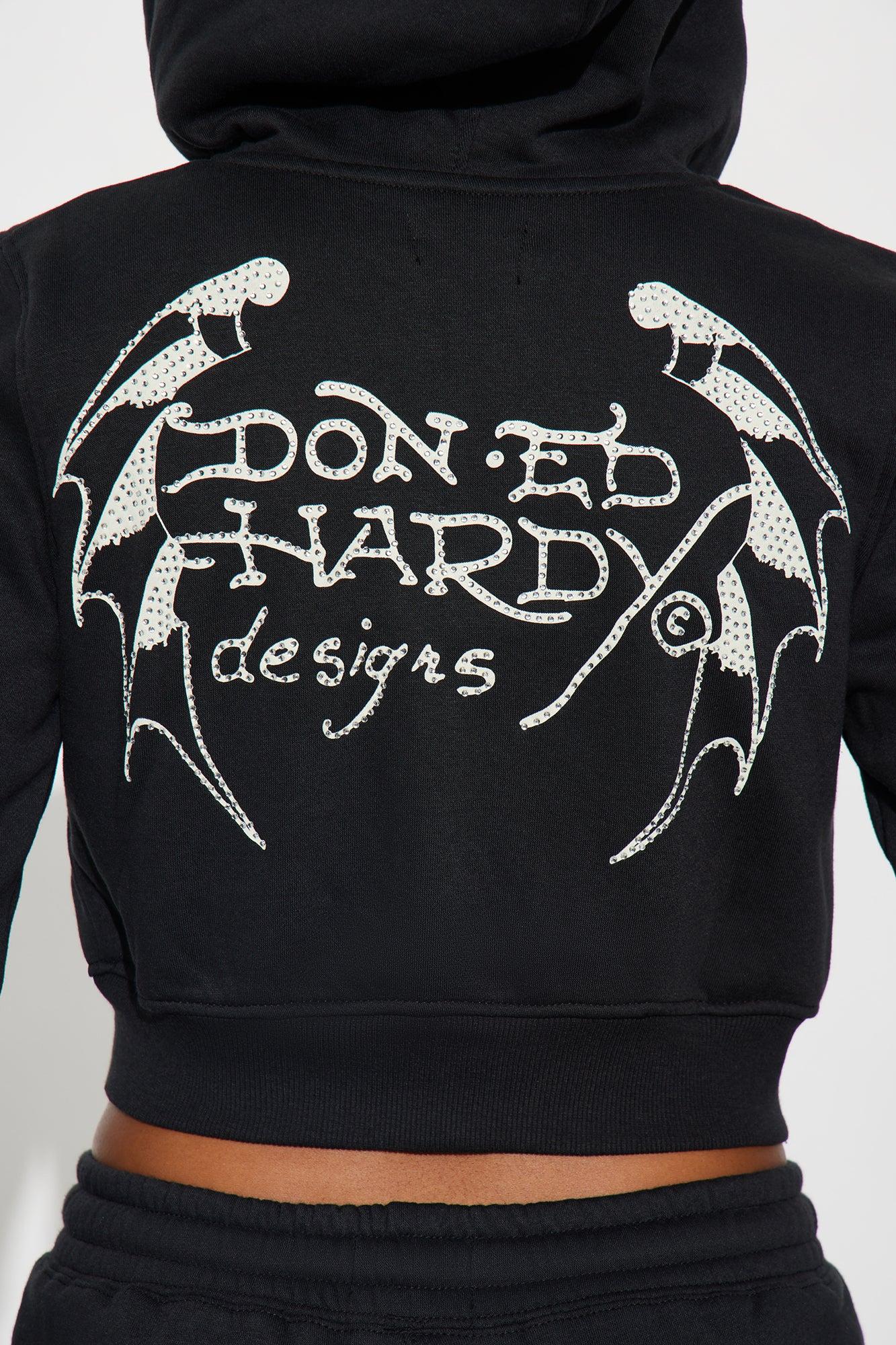 Ed Hardy Rhinestone Crosses Fleece Zip Up Hoodie - Black Female Product Image