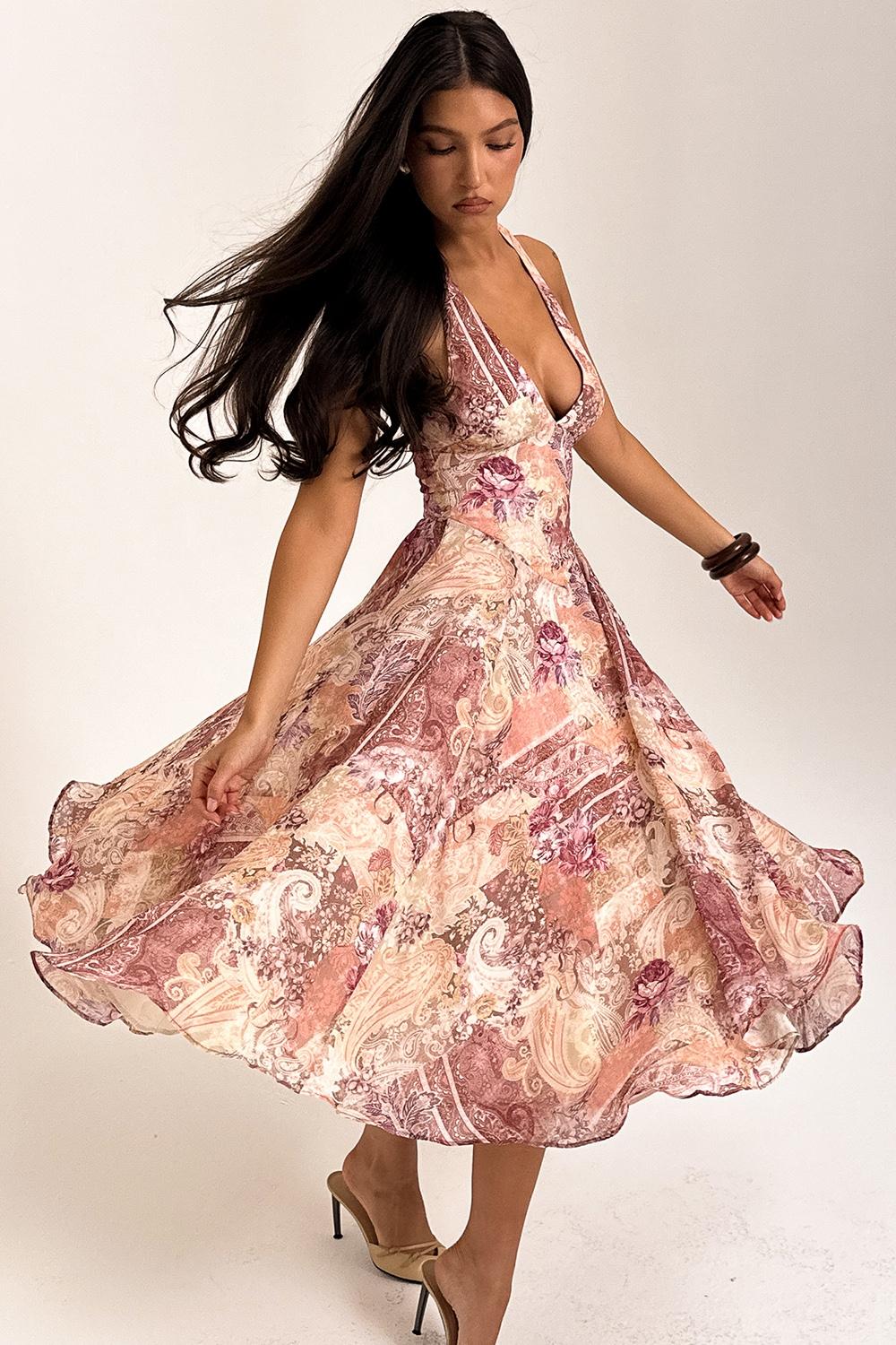 Solada  paisley patchwork print georgette halter sundress Product Image