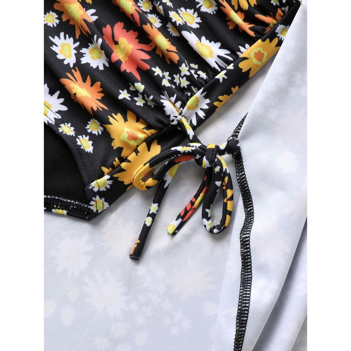 Plus Size Anti-Float Ties Floral Print Swim Dress Women's Swimwear Black Beach Bodycon V-neck High stretch Curve Swim Dresses BloomChic 10/M Product Image