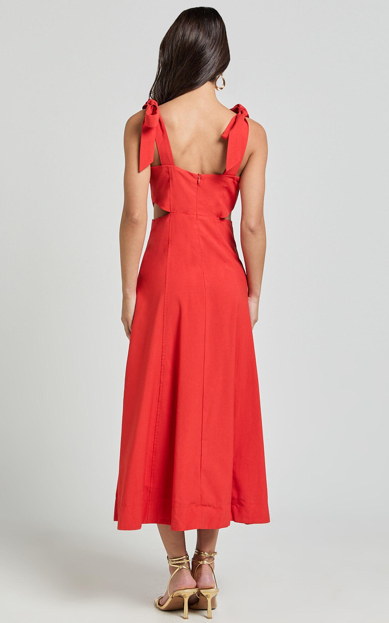 Giana Midi Dress - Shoulder Tie Cut Out Thigh Split Dress in Red Product Image