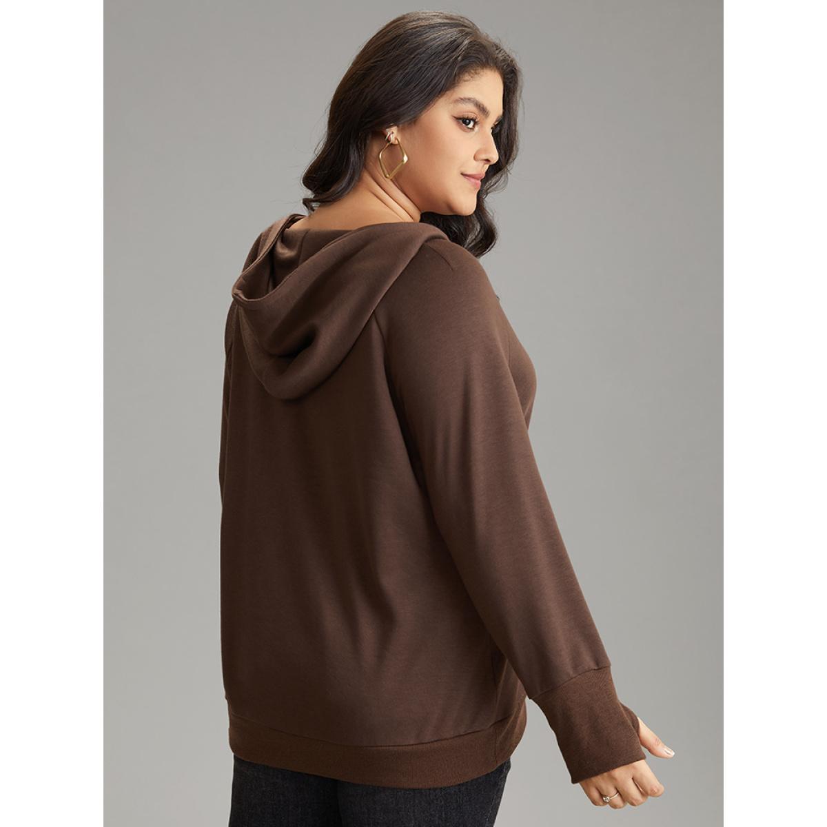 Plus Size Plain Thumb Hole Hooded Kangaroo Pocket Sweatshirt Women DarkBrown Casual Plain Hooded Dailywear Sweatshirts BloomChic 30/6X Product Image