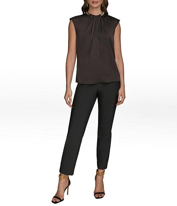 Donna Karan Satin Back Crepe Hardware Twist Neck Cap Sleeve Blouse Product Image