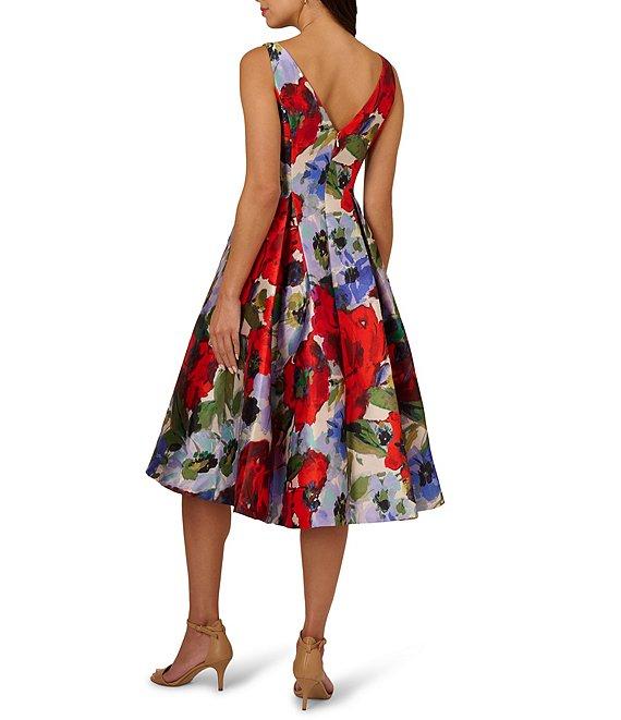 Adrianna Papell Floral Mikado Boat Neck Sleeveless Side Seam Pocket Fit & Flare Midi Dress Product Image