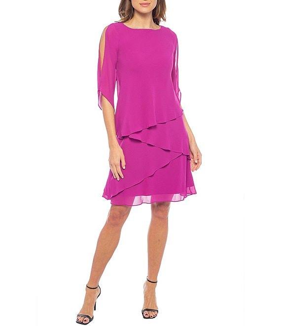 Marina 3/4 Split Sleeve Crew Neck Tiered Skirt Chiffon Sheath Dress Product Image