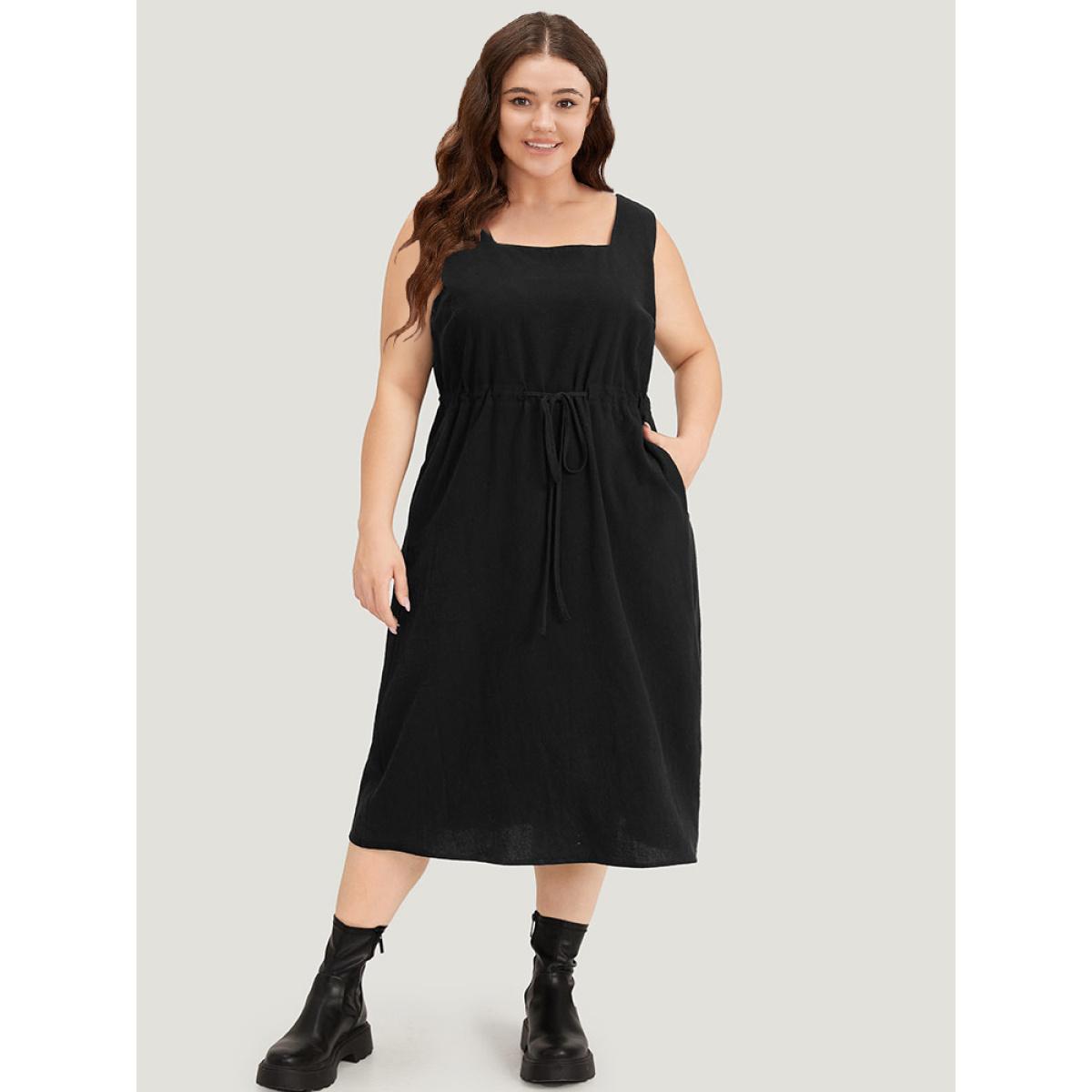 Plus Size Plain Pocket Drawstring Square Neck Tank Dress Black Women Casual Plain Square Neck Sleeveless Curvy Midi Dress BloomChic 22-24/3X Product Image