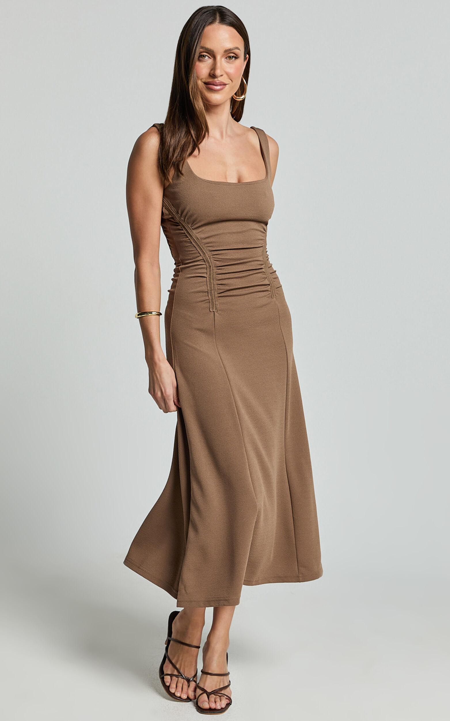 Jacel Midi Dress - Ruched Fit And Flare Dress in Mocha Product Image
