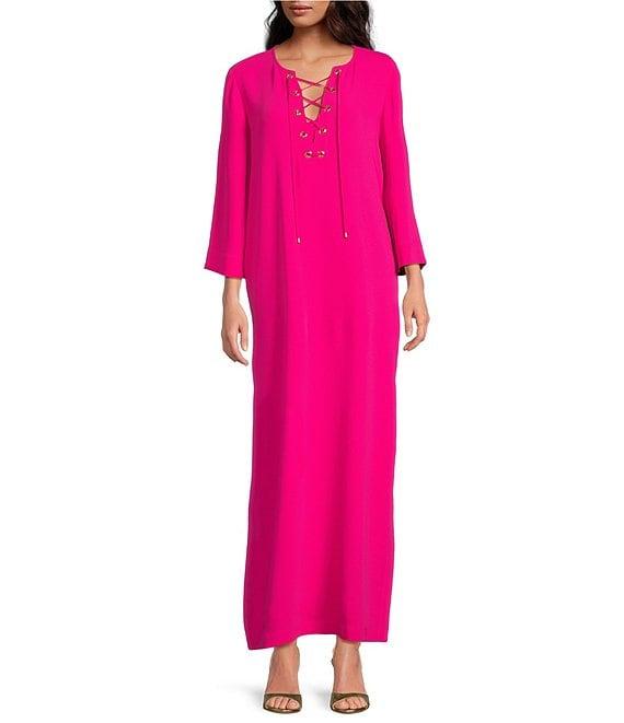 Trina Turk Catamaran Double Georgette Lace-Up V-Neck 3/4 Sleeve Maxi Dress Product Image