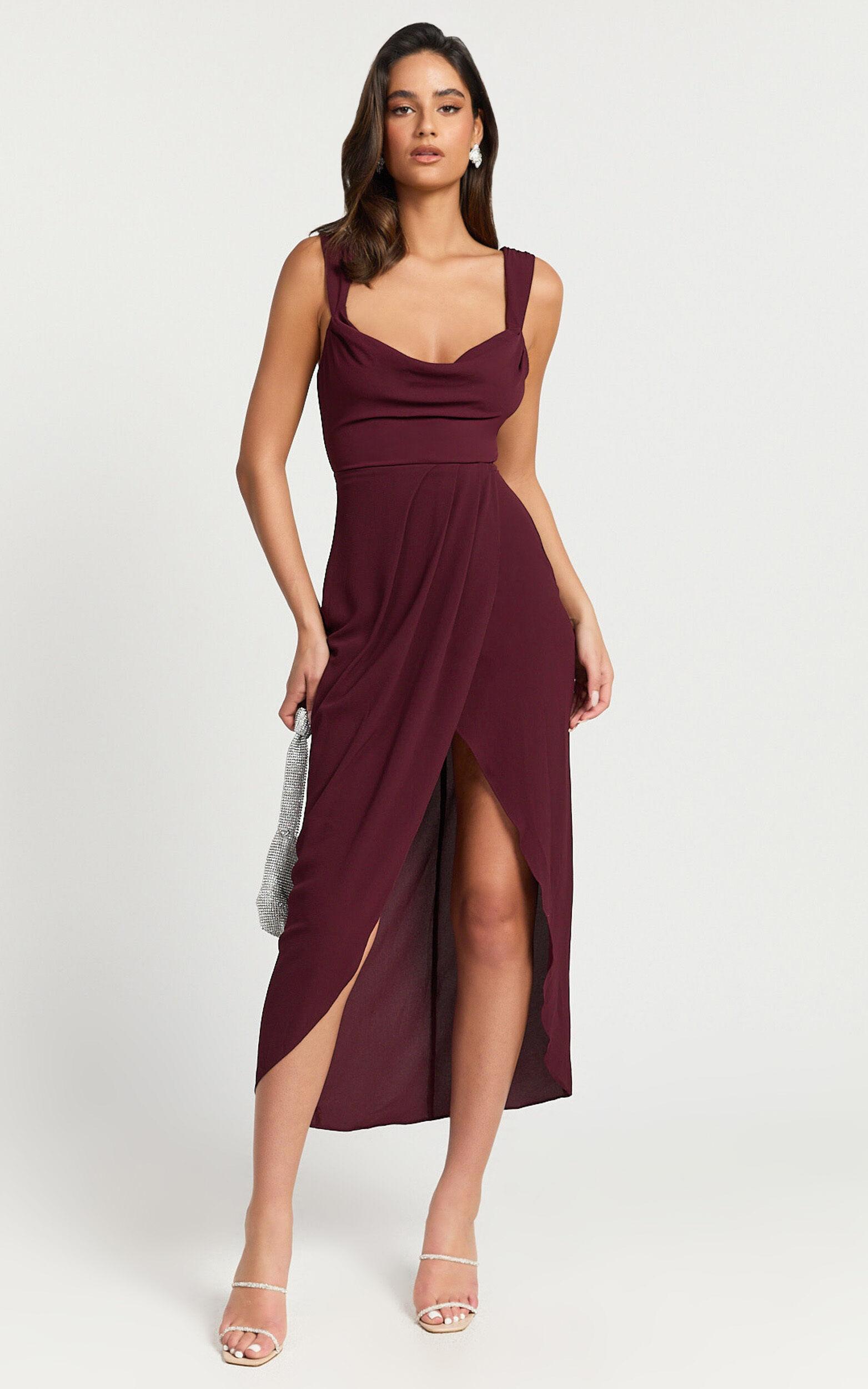 Wenalyn Midi Dress - Cowl Neck Draped Dress in Wine Product Image