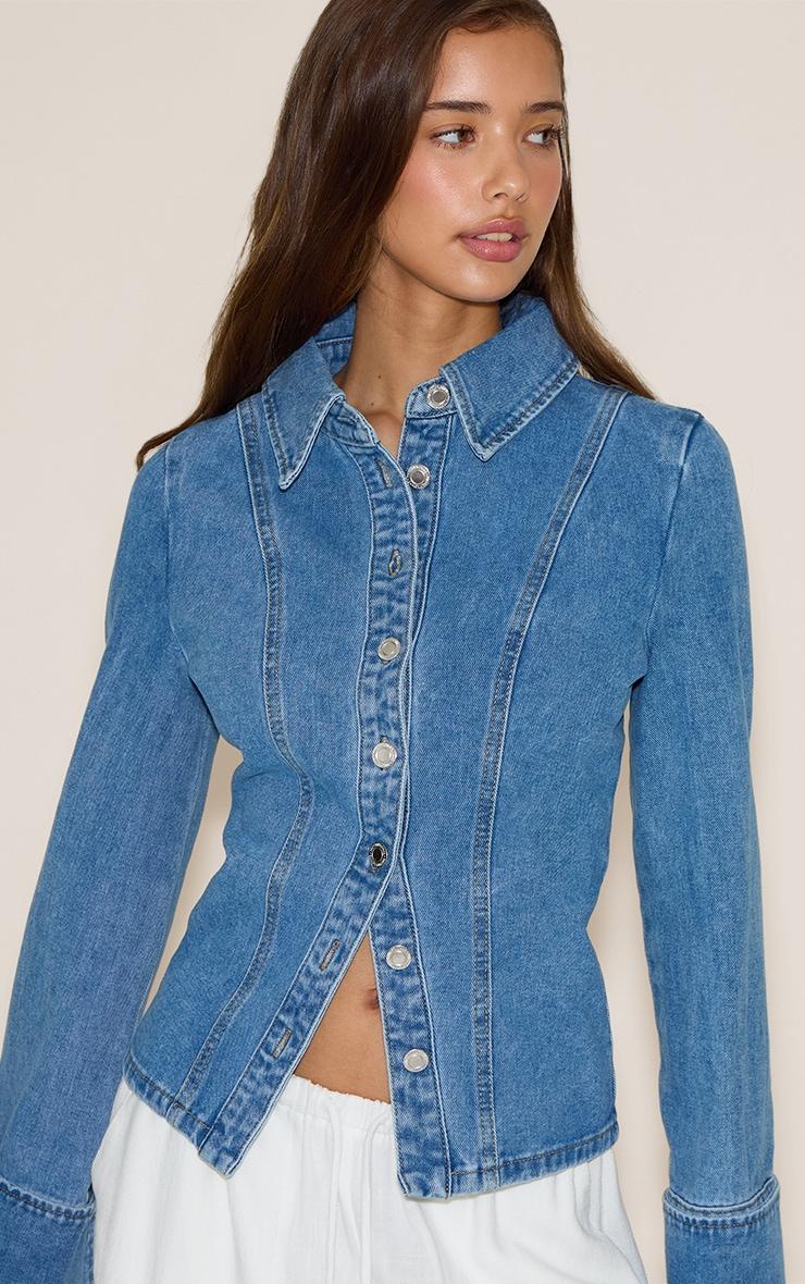  Mid Blue Wash Long Sleeve Cinch Waist Denim Shirt Product Image