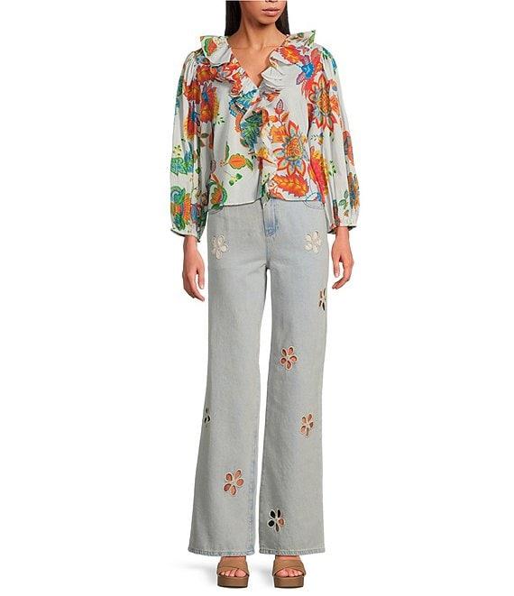 Chelsea & Violet Mari Floral Print Ruffle V-Neck Long Cuff Sleeve Blouse Product Image