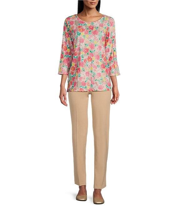 Allison Daley Petite Size Embellished Cheerful Daisy Print 3/4 Sleeve Crew Neck Knit Top Product Image