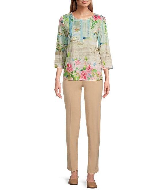 Allison Daley Petite Size Town Country Border Print 3/4 Sleeve Crew Neck Knit Top Product Image