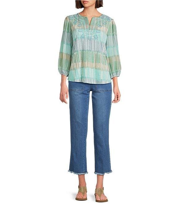 Multiples Slub Knit Embroidered Printed Split V-Neck 3/4 Sleeve Top Product Image