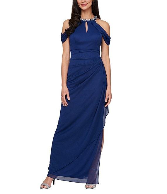 Alex Evenings Sleeveless Beaded Halter Mesh Sheath Dress Product Image