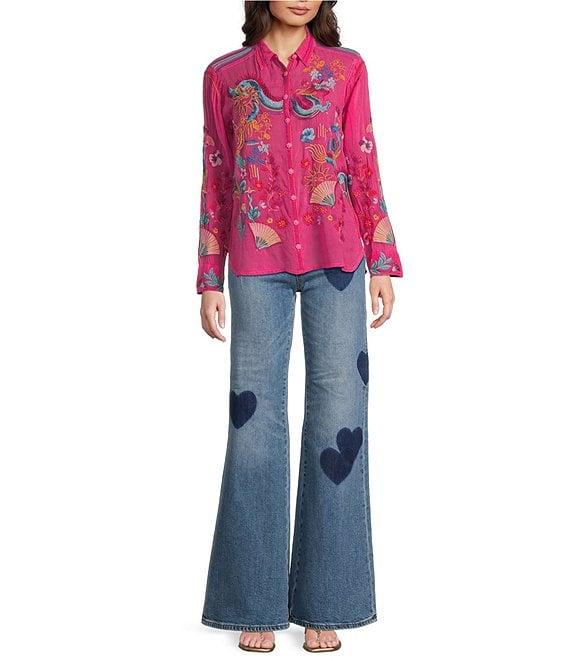 Johnny Was Velouria Embroidered Collar V-Neck Long Sleeve Button Front Blouse Product Image