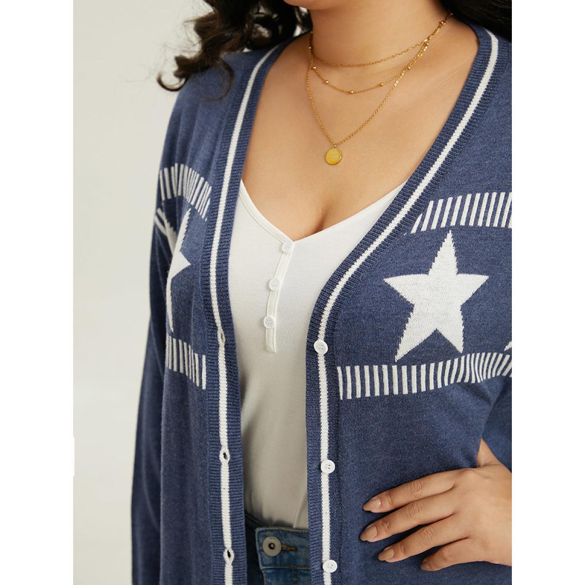 Plus Size Supersoft Essentials Star Contrast Trim Button Through Cardigan Aegean Women Casual Loose Long Sleeve Dailywear Cardigans BloomChic 30/6X Product Image