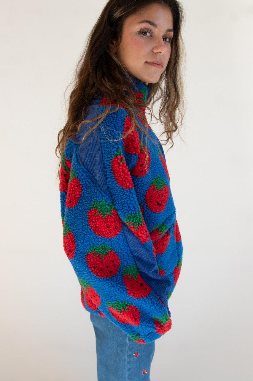 Fruit Pattern Corduroy Detail Faux Sherpa Jacket Product Image