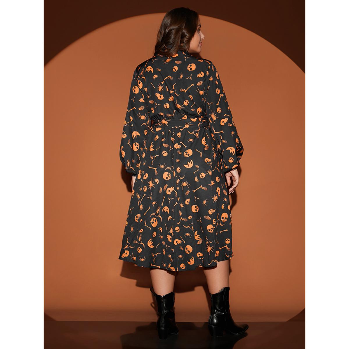 Plus Size Halloween Print Shirt Collar Pocket Button Up Belted Flutter Dress Black Women Elegant Printed Shirt collar Long Sleeve Curvy Midi Dress BloomChic 30/6X Product Image