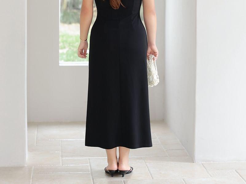 Faux Pearl Spaghetti Strap Plain Ruched Slit Maxi Sheath Dress / V-Neck Plain Ribbed Cardigan Product Image