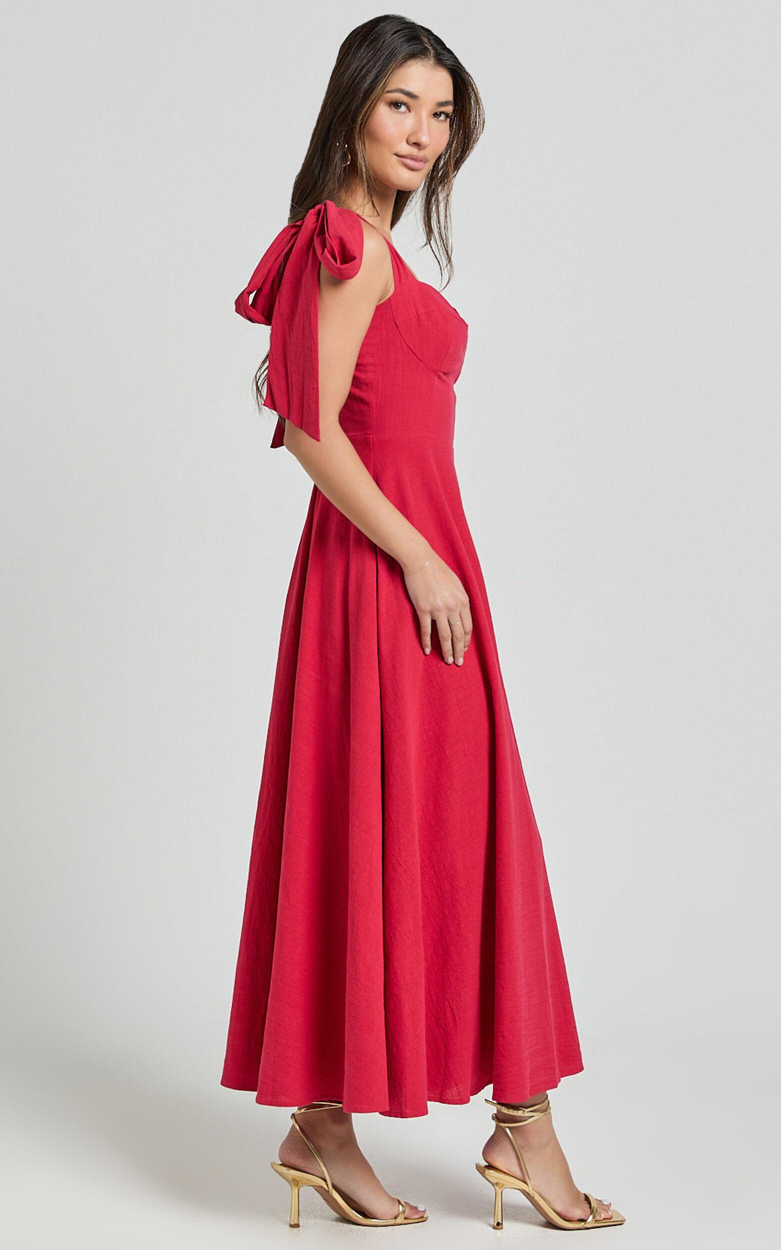 Tymia Midi Dress - Shoulder Tie Bustier Shirred Back A Line in Red Product Image