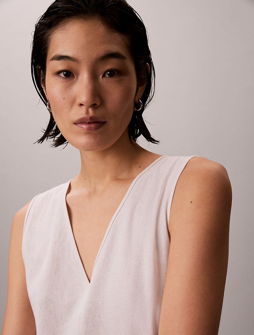 Linen Blend V-Neck Sleeveless Belted Dress Product Image