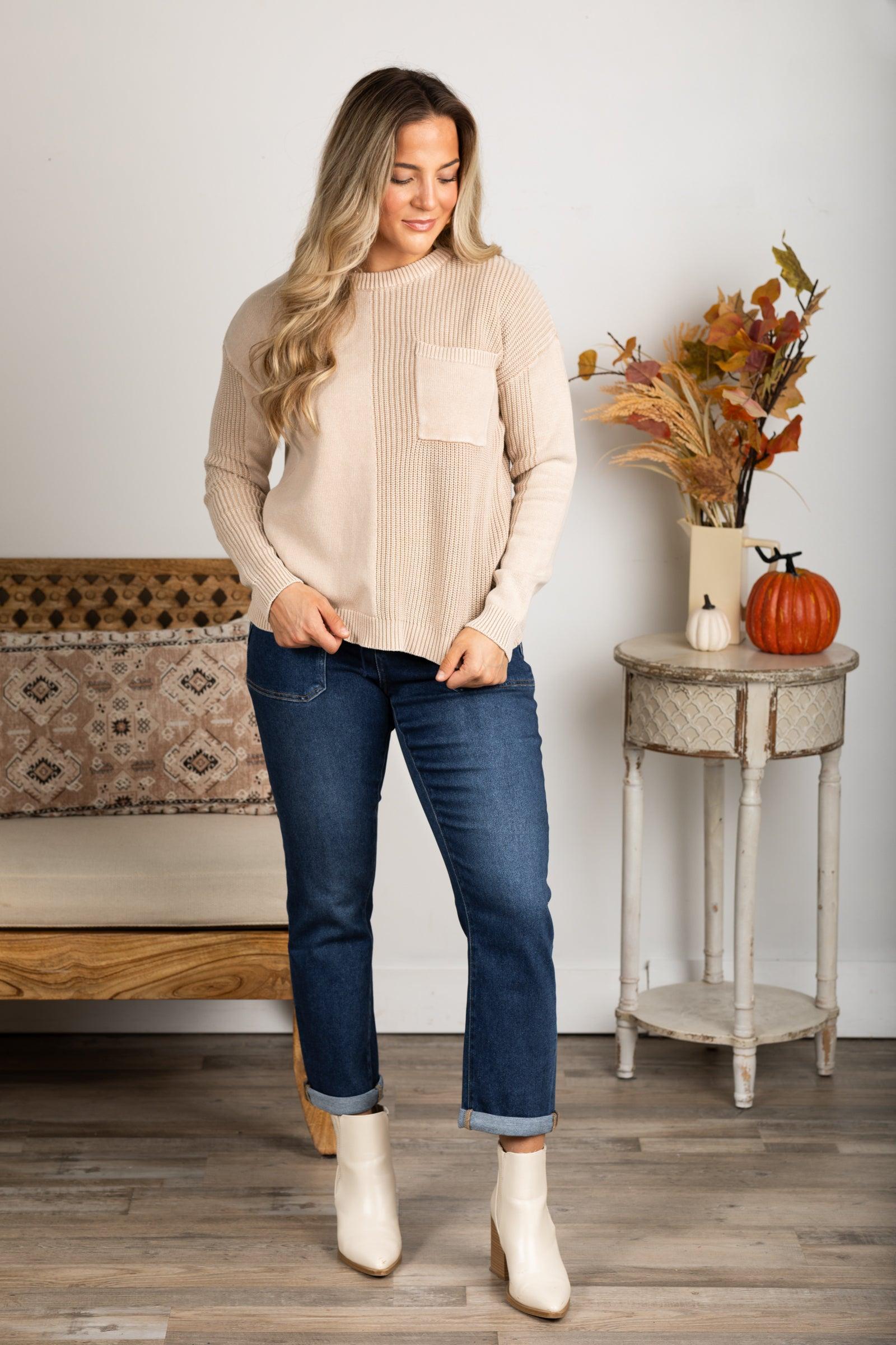 Washed Waffle Knit Sweater With Pocket Product Image