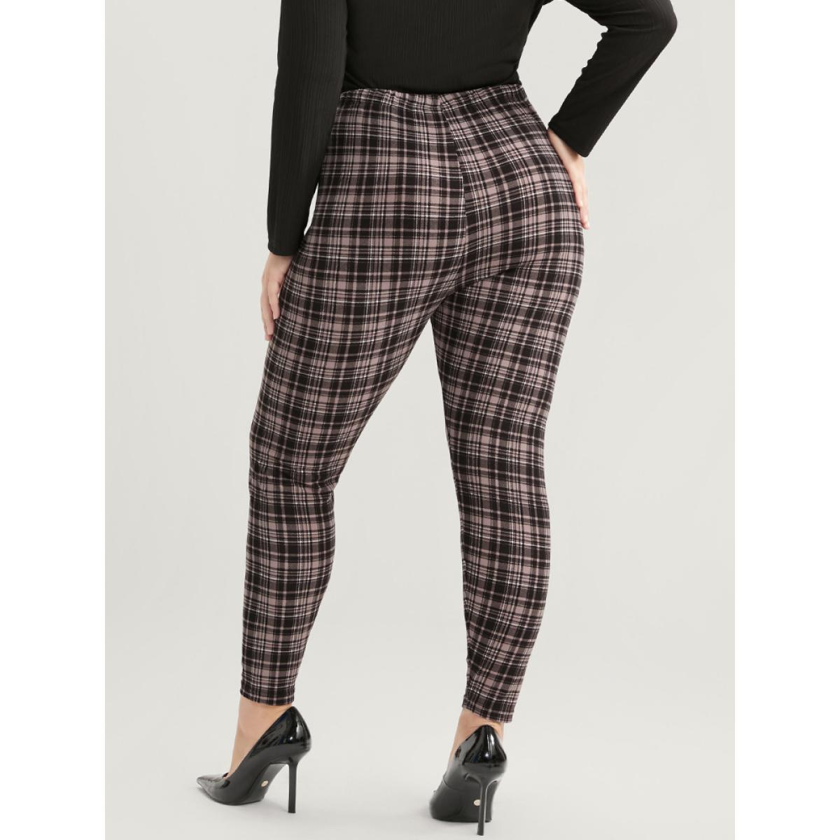 Plus Size Plaid Elastic Waist Skinny Pants Women LightBrown Elegant Skinny Mid Rise Dailywear Pants BloomChic 28/5X Product Image