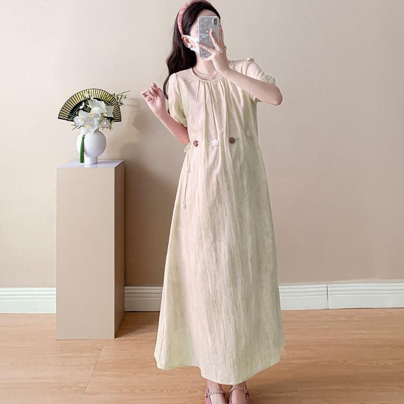 Maternity Short Sleeve Round Neck Beaded Drawstring Waist Maxi A-Line Dress Product Image