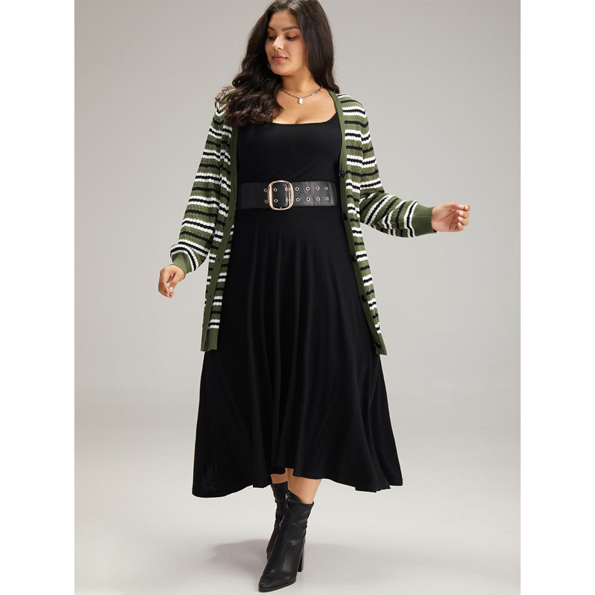 Plus Size Striped Contrast Elastic Cuffs Button Through Cardigan Multicolor Women Glamour Loose Long Sleeve Dailywear Cardigans BloomChic 10/M Product Image