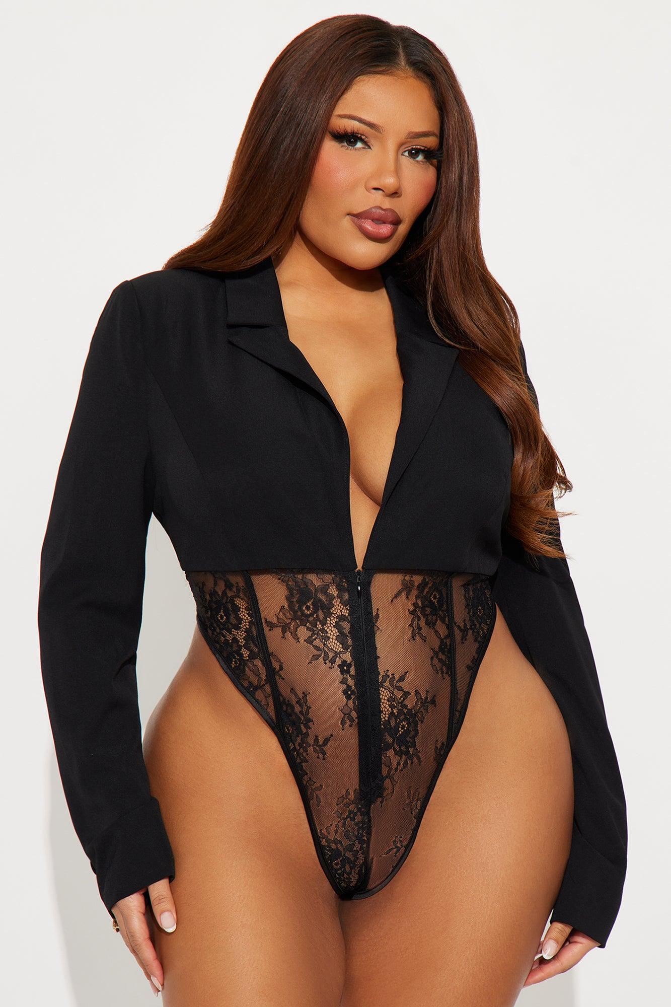 Isabella Shoulder Pads Lace Bodysuit - Black Female Product Image