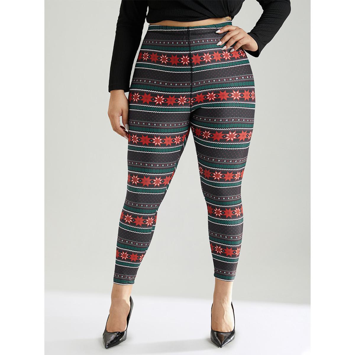 Plus Size Snowflake Striped Very Stretchy Ankle Leggings Women Black Casual High stretch Skinny High Rise Festival-Christmas Leggings BloomChic 22-24/3X Product Image