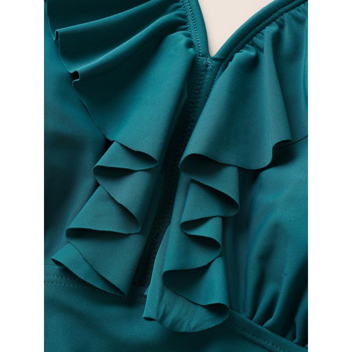 Plus Size Geometric Patchwork See Through Ruffles Swim Dress Women's Swimwear DarkGreen Beach Bodycon V-neck High stretch Curve Swim Dresses BloomChic 28/5X Product Image