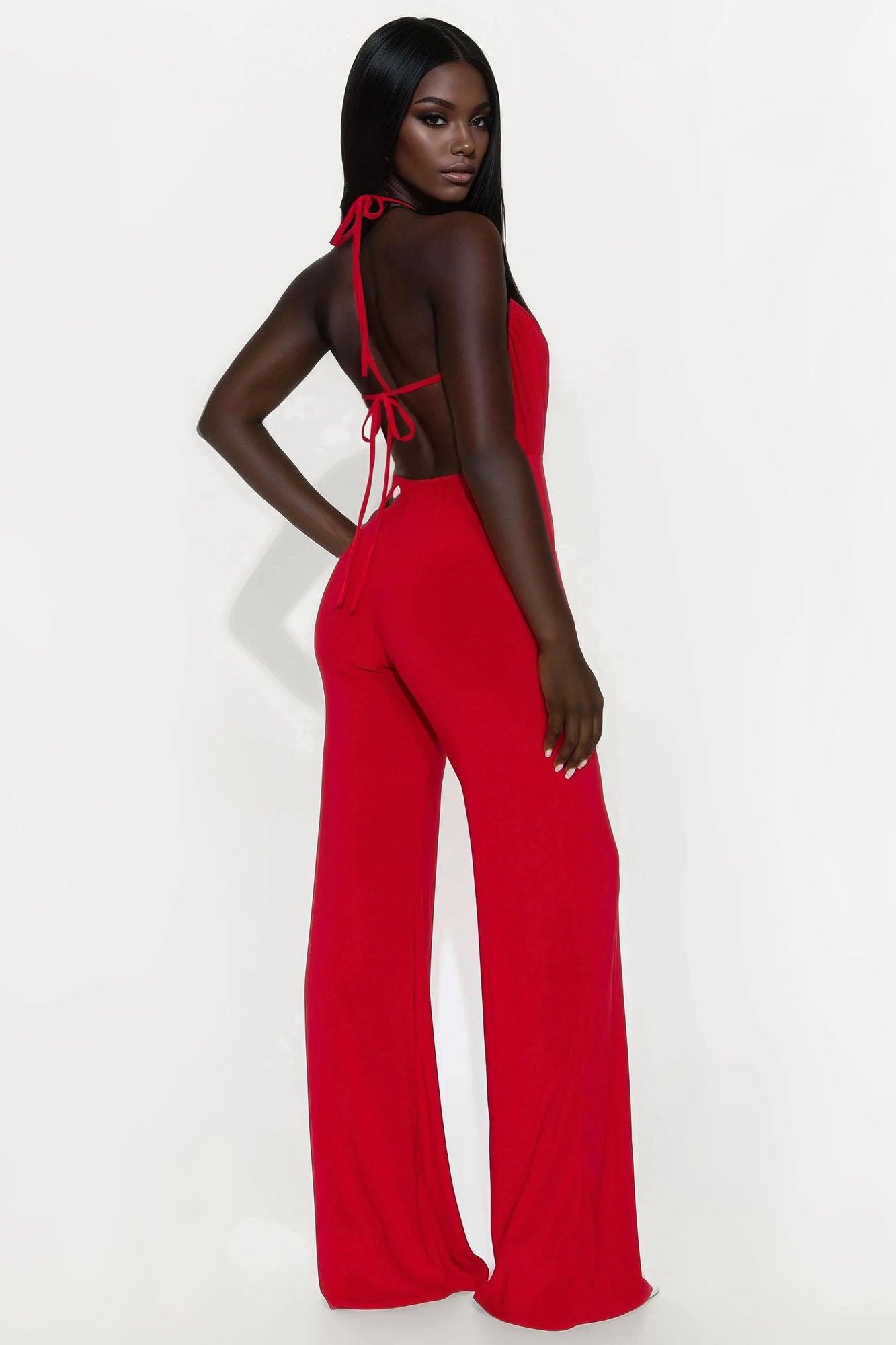 Bevia Criss Cross Halter Jumpsuit - Red Female Product Image