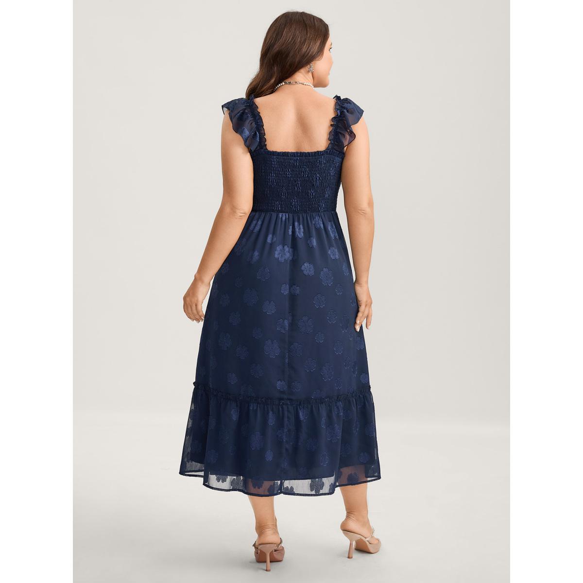 Plus Size Jacquard Shirred Bodice Ruffled Midi Dress Teal Women Square Neck Cap Sleeve Curvy BloomChic 28/5X Product Image