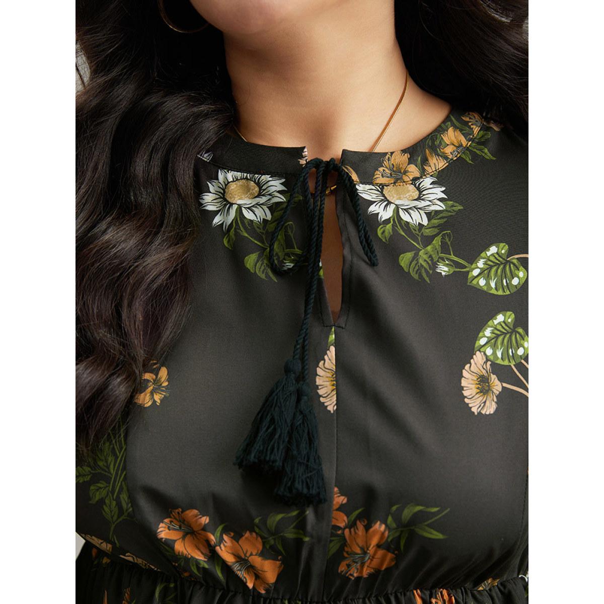 Plus Size Floral Tassel Trim Gathered Knot Neck Dress Black Women Vacation Elastic cuffs Tie Neck Elbow-length sleeve Curvy Knee Dress BloomChic 30/6X Product Image