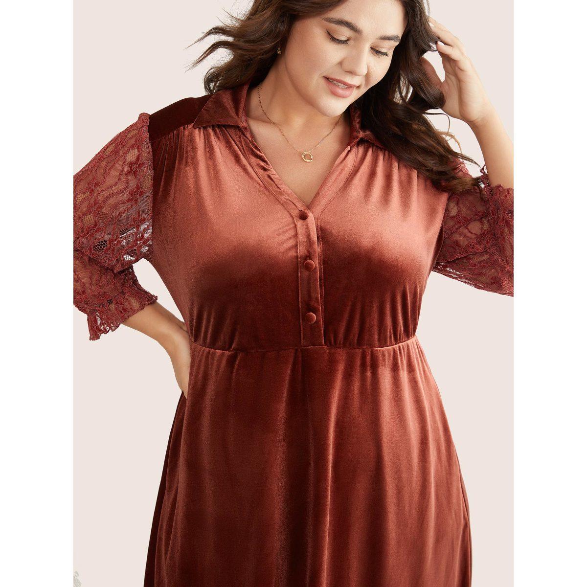 Plus Size Velvet Solid Guipure Lace Flutter Sleeve Dress Russet Women Elegant Velvet Lapel Collar Long Sleeve Curvy Midi Dress BloomChic 10/M Product Image