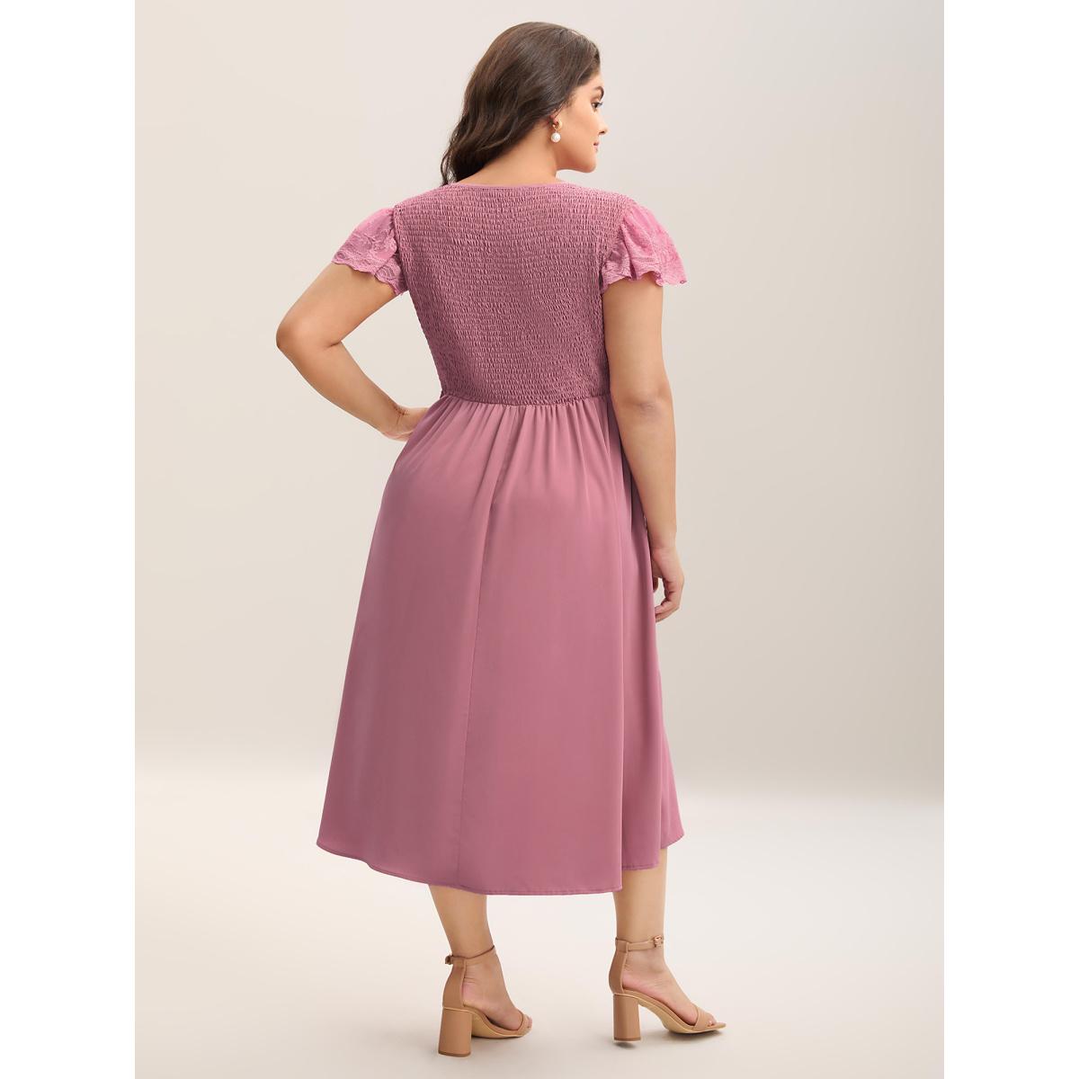 Plus Size Flutter Sleeve Lace Stretchy Waist Midi Dress DustyPink Women Elegant Woven ribbon&lace trim Overlap Collar Short sleeve Curvy BloomChic 30/6X Product Image