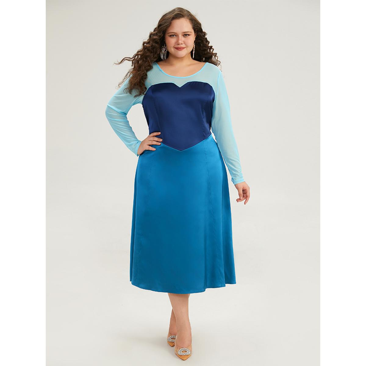 Plus Size Halloween Contrast Patchwork Mesh Dress Aegean Women Elegant See through Round Neck Long Sleeve Curvy Midi Dress BloomChic 12/L Product Image