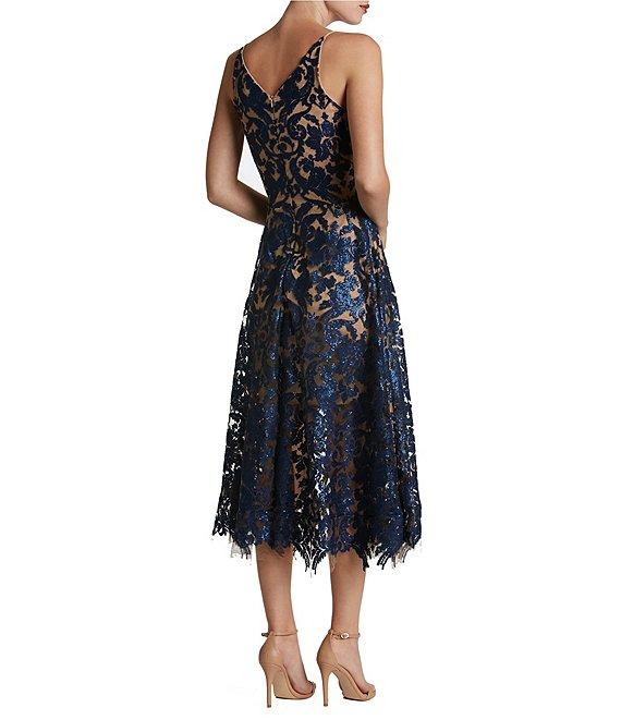 Dress the Population Blair Sequin Embroidered Mesh V-Neck Sleeveless A-Line Midi Dress Product Image