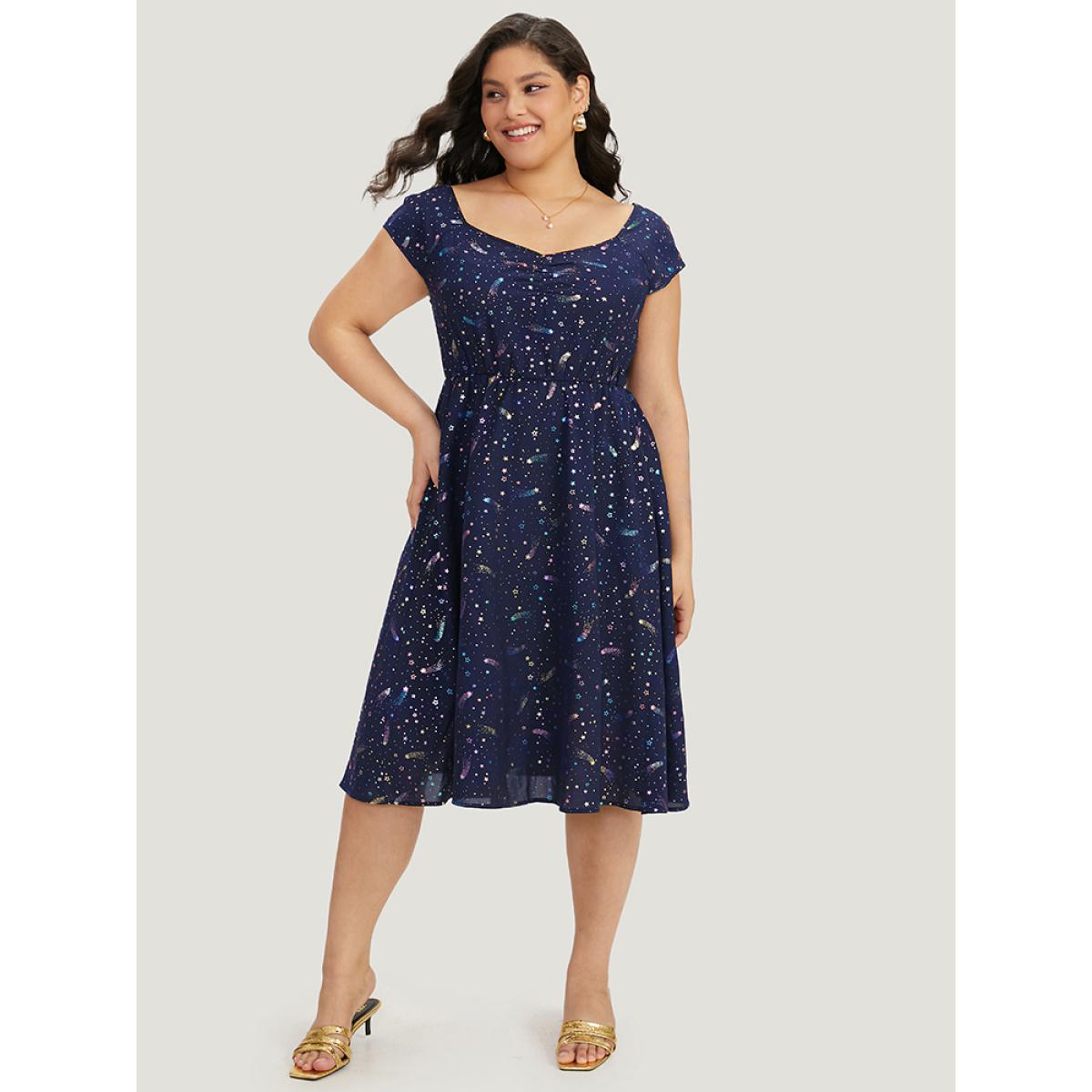 Plus Size Star Glitter Pocket Ruched Square Neck Dress Navy Women Elegant Gathered Square Neck Sleeveless Curvy Midi Dress BloomChic 14-16/1X Product Image