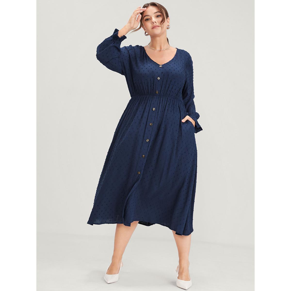 Plus Size Polka Dot Lantern Sleeve Pocket Button Front Midi Dress Navy Women Casual Button V-neck Long Sleeve Curvy Midi Dress BloomChic 26/4X Product Image