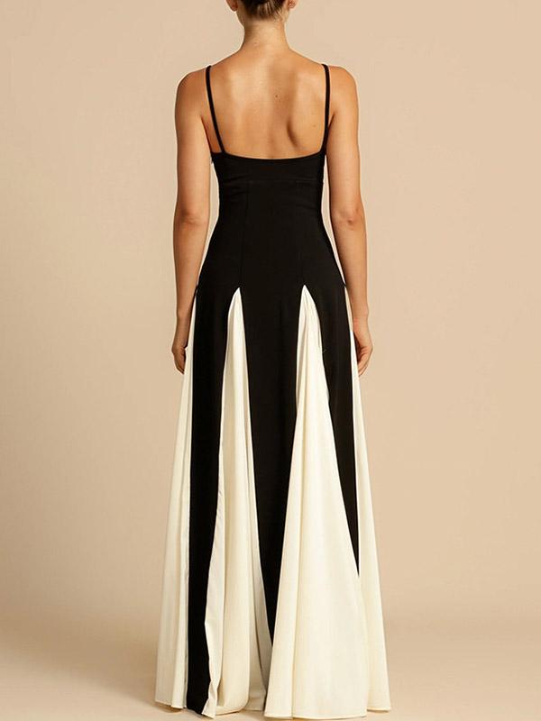 A-Line Sleeveless Contrast Color Pleated Split-Joint Spaghetti-Neck Evening Dresses Maxi Dresses Product Image