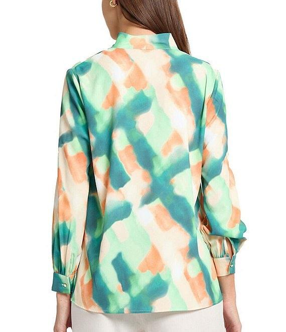 MISOOK Abstract Print Crepe De Chine Mandarin Collar V-Neck Long Sleeve Blouse Product Image